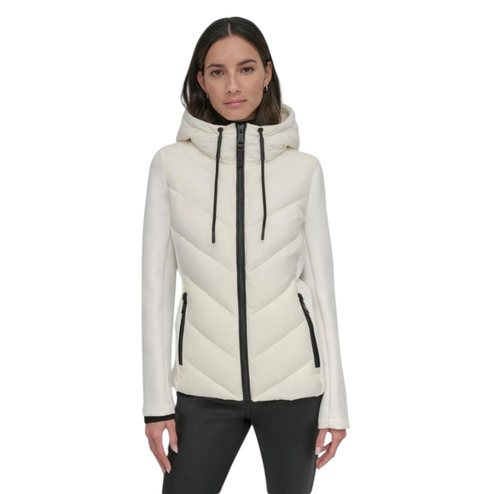 NWT DKNY Coat White Hooded Scuba Sleeve Puffer Jacket Large